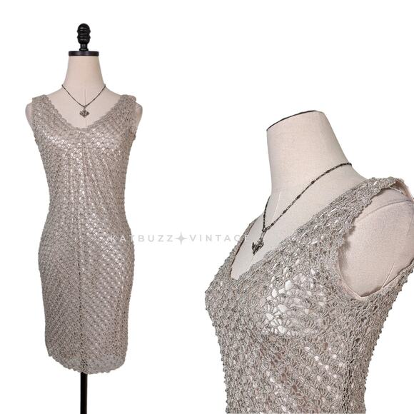 Carmen Marc Valvo Crochet Mini Cocktail Dress M Gold Tan Bead Boho Retro Glam - Picture 1 of 10